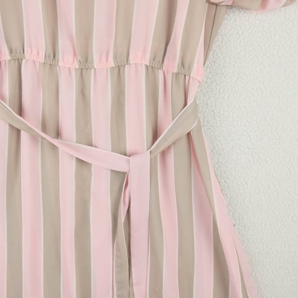 Vintage Summer Dress Womens Large Pink Beige Striped Sheer Midi Belted 70s - Picture 5 of 13